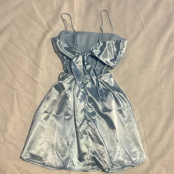 Lucy in the Sky High Slit Tie Back Blue Satin Mini Dress - Picture 2 of 3